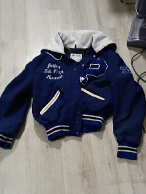 Vintage Navy Blue Varsity Jacket with Cream Accents
